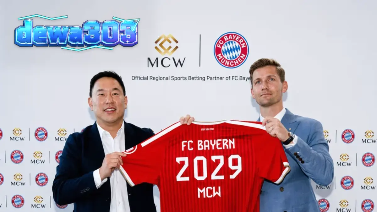 Logo FC Bayern Munich dan elemen visual bertema sepak bola dan iGaming